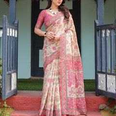 Cream and Pink Handloom Cotton-Linen Saree with Vibrant Floral and Elephant Motifs
