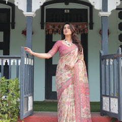 Cream and Pink Handloom Cotton-Linen Saree with Vibrant Floral and Elephant Motifs