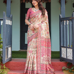 Cream and Pink Handloom Cotton-Linen Saree with Vibrant Floral and Elephant Motifs