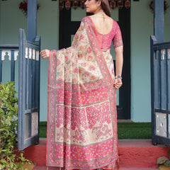Cream and Pink Handloom Cotton-Linen Saree with Vibrant Floral and Elephant Motifs
