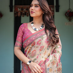 Cream and Pink Handloom Cotton-Linen Saree with Vibrant Floral and Elephant Motifs