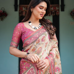 Cream and Pink Handloom Cotton-Linen Saree with Vibrant Floral and Elephant Motifs