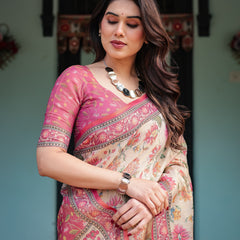 Cream and Pink Handloom Cotton-Linen Saree with Vibrant Floral and Elephant Motifs
