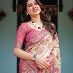 Cream and Pink Handloom Cotton-Linen Saree with Vibrant Floral and Elephant Motifs