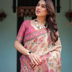 Cream and Pink Handloom Cotton-Linen Saree with Vibrant Floral and Elephant Motifs