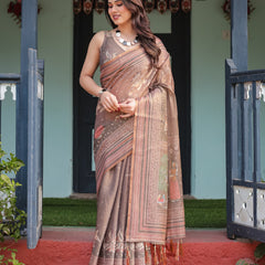Earthy Brown Handloom Cotton-Linen Saree with Bird Motifs and Striped Detailing