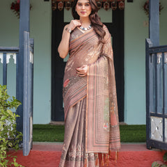 Earthy Brown Handloom Cotton-Linen Saree with Bird Motifs and Striped Detailing
