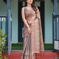 Earthy Brown Handloom Cotton-Linen Saree with Bird Motifs and Striped Detailing