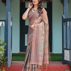 Earthy Brown Handloom Cotton-Linen Saree with Bird Motifs and Striped Detailing