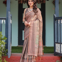Earthy Brown Handloom Cotton-Linen Saree with Bird Motifs and Striped Detailing