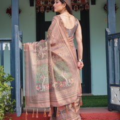 Earthy Brown Handloom Cotton-Linen Saree with Bird Motifs and Striped Detailing