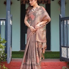 Earthy Brown Handloom Cotton-Linen Saree with Bird Motifs and Striped Detailing