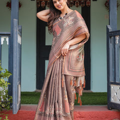 Earthy Brown Handloom Cotton-Linen Saree with Bird Motifs and Striped Detailing