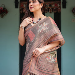 Earthy Brown Handloom Cotton-Linen Saree with Bird Motifs and Striped Detailing
