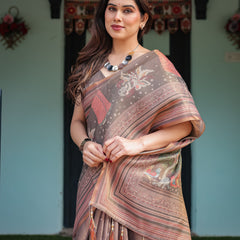 Earthy Brown Handloom Cotton-Linen Saree with Bird Motifs and Striped Detailing