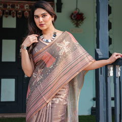 Earthy Brown Handloom Cotton-Linen Saree with Bird Motifs and Striped Detailing
