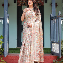 Elegant Beige Handloom Cotton-Linen Saree with Golden Zari Weave, Floral Printed Pallu & Tassel Detailing
