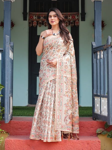 Elegant Beige Handloom Cotton-Linen Saree with Golden Zari Weave, Floral Printed Pallu & Tassel Detailing