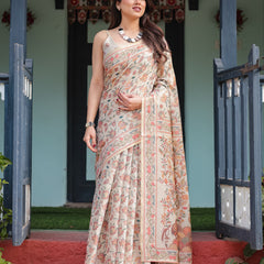 Elegant Beige Handloom Cotton-Linen Saree with Golden Zari Weave, Floral Printed Pallu & Tassel Detailing