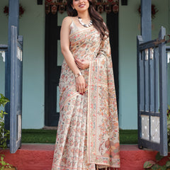 Elegant Beige Handloom Cotton-Linen Saree with Golden Zari Weave, Floral Printed Pallu & Tassel Detailing
