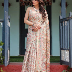Elegant Beige Handloom Cotton-Linen Saree with Golden Zari Weave, Floral Printed Pallu & Tassel Detailing