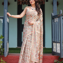 Elegant Beige Handloom Cotton-Linen Saree with Golden Zari Weave, Floral Printed Pallu & Tassel Detailing