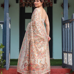Elegant Beige Handloom Cotton-Linen Saree with Golden Zari Weave, Floral Printed Pallu & Tassel Detailing
