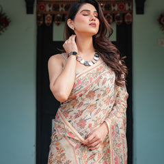 Elegant Beige Handloom Cotton-Linen Saree with Golden Zari Weave, Floral Printed Pallu & Tassel Detailing