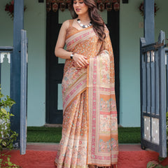 Warm Gold Pure Linen Cotton Handloom Printed Saree with Floral and Figurative Patterns, Golden Zari Weave, Tassels, and Slub Texture