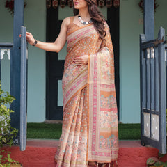 Warm Gold Pure Linen Cotton Handloom Printed Saree with Floral and Figurative Patterns, Golden Zari Weave, Tassels, and Slub Texture