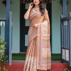 Warm Gold Pure Linen Cotton Handloom Printed Saree with Floral and Figurative Patterns, Golden Zari Weave, Tassels, and Slub Texture