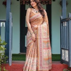 Warm Gold Pure Linen Cotton Handloom Printed Saree with Floral and Figurative Patterns, Golden Zari Weave, Tassels, and Slub Texture