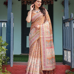 Warm Gold Pure Linen Cotton Handloom Printed Saree with Floral and Figurative Patterns, Golden Zari Weave, Tassels, and Slub Texture