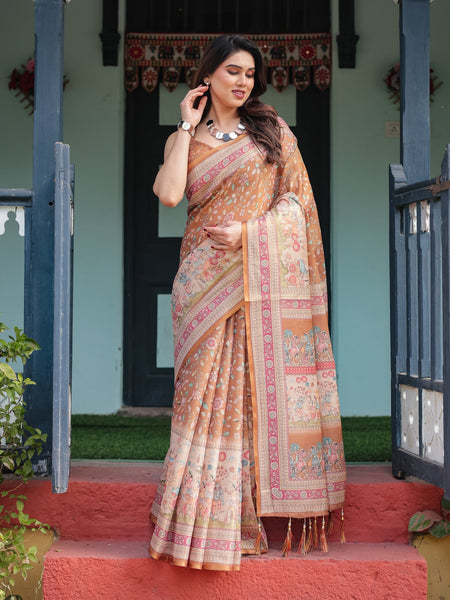 Warm Gold Pure Linen Cotton Handloom Printed Saree with Floral and Figurative Patterns, Golden Zari Weave, Tassels, and Slub Texture