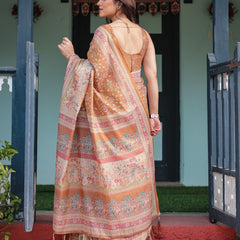 Warm Gold Pure Linen Cotton Handloom Printed Saree with Floral and Figurative Patterns, Golden Zari Weave, Tassels, and Slub Texture