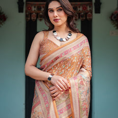 Warm Gold Pure Linen Cotton Handloom Printed Saree with Floral and Figurative Patterns, Golden Zari Weave, Tassels, and Slub Texture