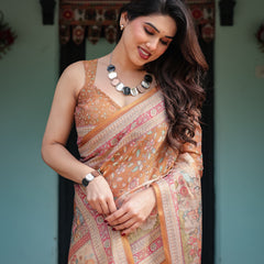 Warm Gold Pure Linen Cotton Handloom Printed Saree with Floral and Figurative Patterns, Golden Zari Weave, Tassels, and Slub Texture
