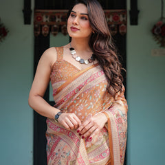 Warm Gold Pure Linen Cotton Handloom Printed Saree with Floral and Figurative Patterns, Golden Zari Weave, Tassels, and Slub Texture