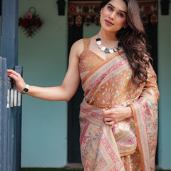 Warm Gold Pure Linen Cotton Handloom Printed Saree with Floral and Figurative Patterns, Golden Zari Weave, Tassels, and Slub Texture