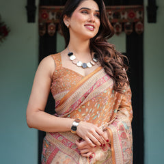 Warm Gold Pure Linen Cotton Handloom Printed Saree with Floral and Figurative Patterns, Golden Zari Weave, Tassels, and Slub Texture