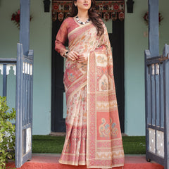 Cream with Coral Borders Linen Cotton Handloom Printed Saree, Peacock Motifs, Floral Design, and Tassels