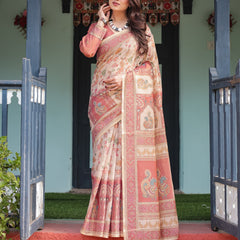 Cream with Coral Borders Linen Cotton Handloom Printed Saree, Peacock Motifs, Floral Design, and Tassels