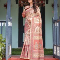 Cream with Coral Borders Linen Cotton Handloom Printed Saree, Peacock Motifs, Floral Design, and Tassels