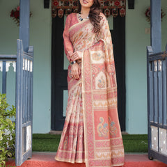Cream with Coral Borders Linen Cotton Handloom Printed Saree, Peacock Motifs, Floral Design, and Tassels
