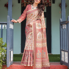 Cream with Coral Borders Linen Cotton Handloom Printed Saree, Peacock Motifs, Floral Design, and Tassels