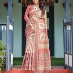 Cream with Coral Borders Linen Cotton Handloom Printed Saree, Peacock Motifs, Floral Design, and Tassels