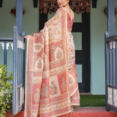 Cream with Coral Borders Linen Cotton Handloom Printed Saree, Peacock Motifs, Floral Design, and Tassels