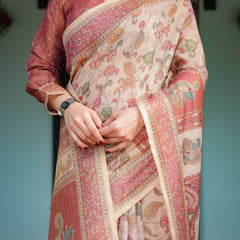 Cream with Coral Borders Linen Cotton Handloom Printed Saree, Peacock Motifs, Floral Design, and Tassels