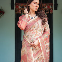 Cream with Coral Borders Linen Cotton Handloom Printed Saree, Peacock Motifs, Floral Design, and Tassels