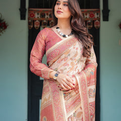Cream with Coral Borders Linen Cotton Handloom Printed Saree, Peacock Motifs, Floral Design, and Tassels